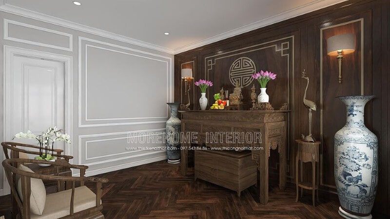 Bố trí nội thất phòng thờ gỗ óc chó đẹp sang trọng ấn tượng từ nội thất gỗ óc chó cao cấp cùng cách kết hợp đồ khéo léo từ tủ thờ, tấm ốp tường chữ Thọ, kệ trang trí, bộ ghế bành đẹp mắt.