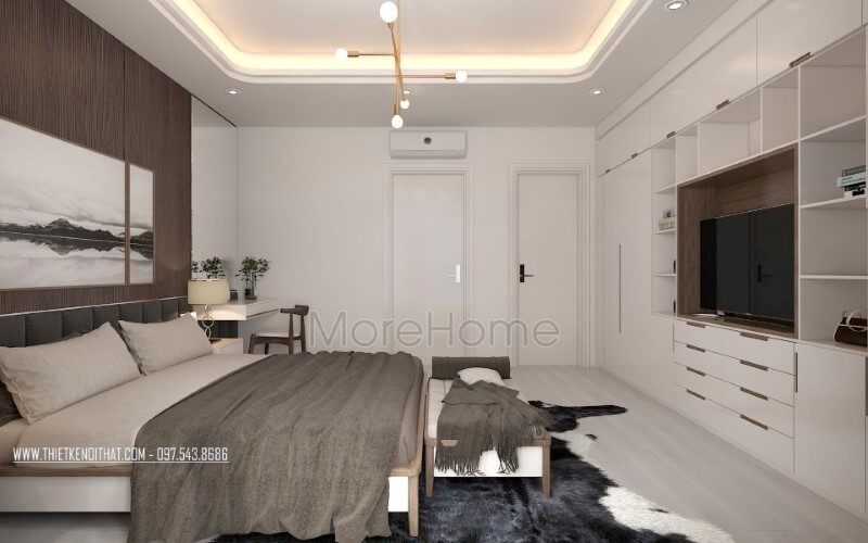 Trang trí phòng ngủ hiện đại đẹp, nhẹ nhàng sâu lắng với gam trắng từ tường kết hợp cùng gỗ óc chó sẫm màu ốp tường.