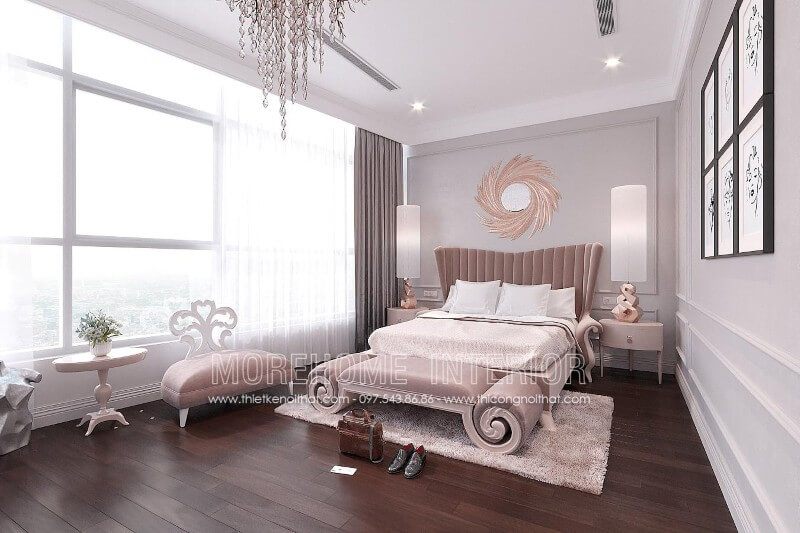 Mẫu giường ngủ gỗ sồi nhập khẩu phun sơn phong cách tân cổ điển sang trọng, được thiết kế với kiểu dáng thấp, phía cuối giường được bố trí thêm chiếc đôn cùng chất liệu mang lại sự tiện nghi và thoải mái nhất cho gia chủ