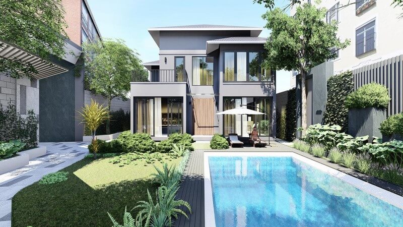 Mẫu biệt thự nhà vườn 2 tầng mái Thái