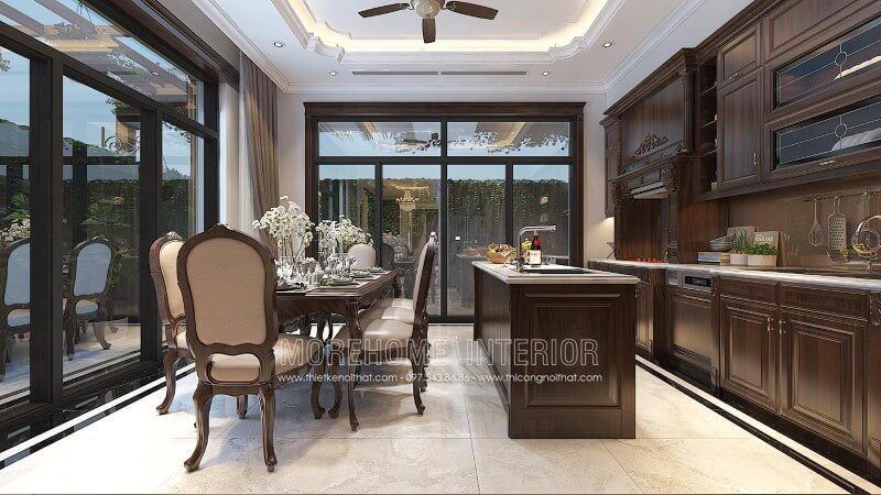 Tủ bếp có kiểu dáng tân cổ điển thể hiện được một sự kết hợp đẹp mắt của sự sang trọng và quý phái cùng với vẻ đẹp nghệ thuật, mềm mại trẻ trung.