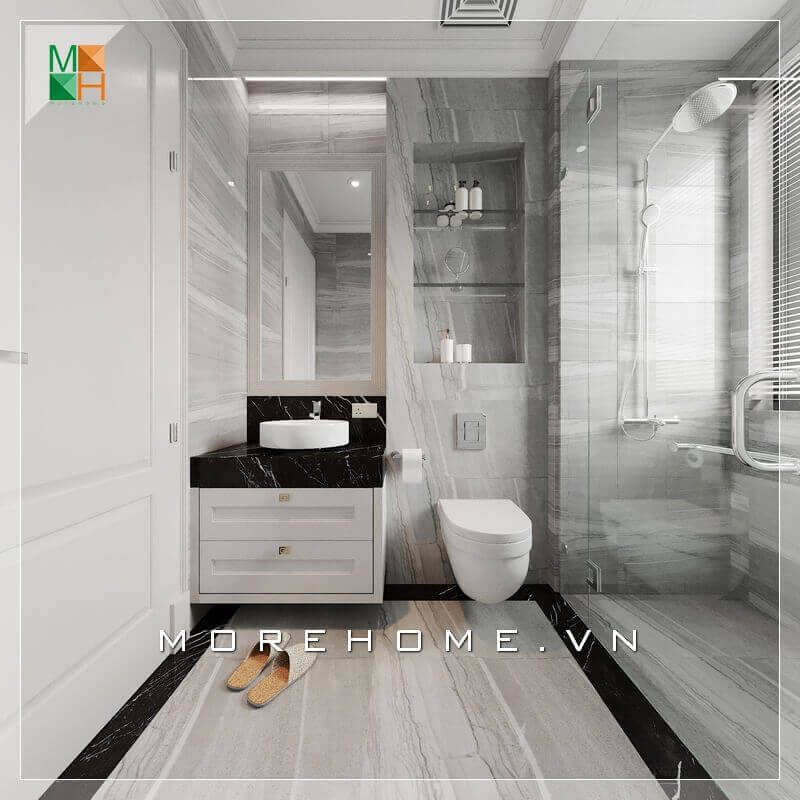 Sự kết hợp giữa đồng bộ gạch lát và ốp tường đẹp làm cho phòng tắm trở nên sang trọng và tiện nghi hơn.