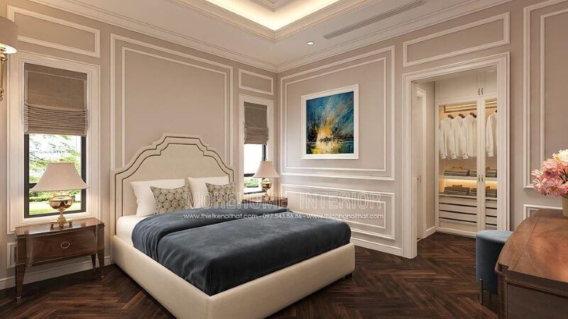 Trang trí nội thất phòng ngủ theo phong cách cổ điển với một tủ quần áo đẹp, tinh tế.