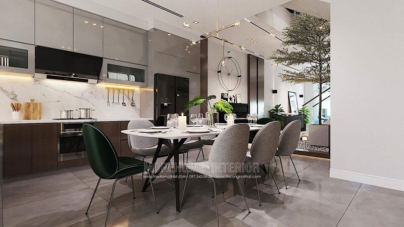 của nó.
Mẫu thiết kế phòng bếp biệt thư có nét trẻ trung tinh tế được nhiều gia chủ ưa chuộng và hướng đến bởi sự tiện nghi của nó.