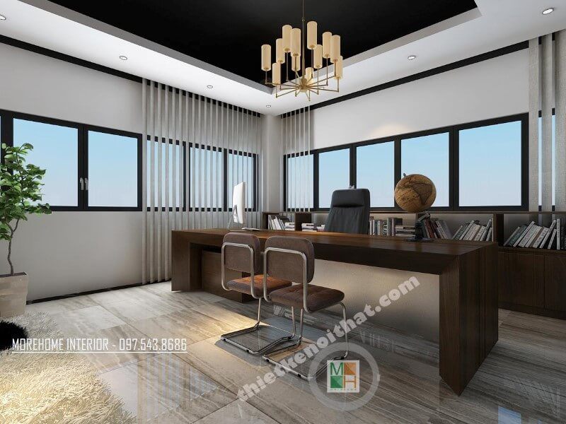 Mẫu thiết kế văn phòng hiện đại sử dụng gỗ tự nhiên cao cấp làm đồ nội thất.