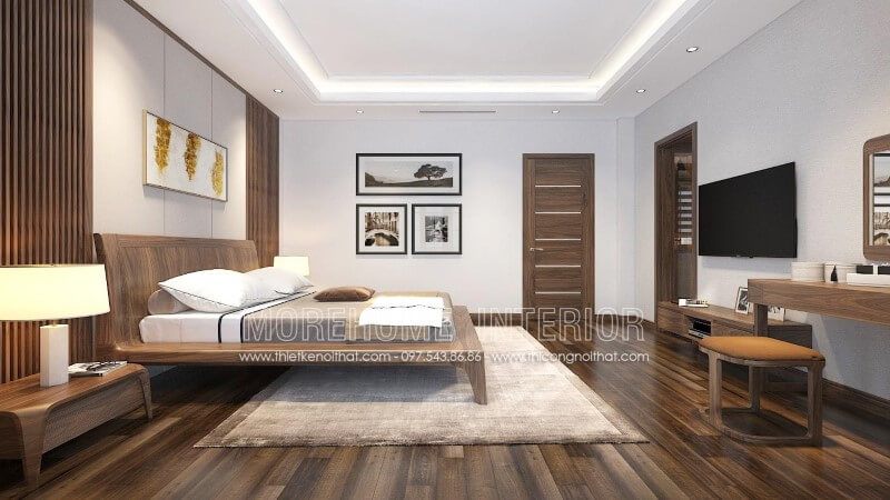 Cửa gỗ óc chó hiện đại có chất lượng cao và đẹp mắt, làm cho không gian phòng ngủ biệt thự hà nội trở nên bền vững.