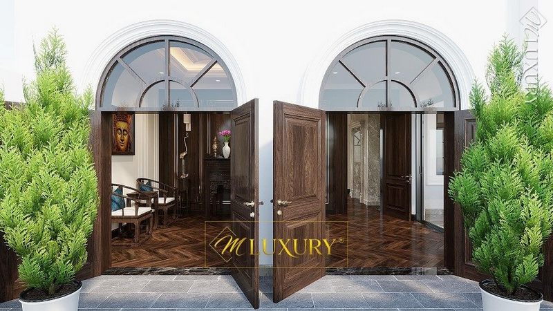 Mẫu cửa gỗ tân cổ điển 2 cánh dành cho nhà phố và biệt thự tiện nghi