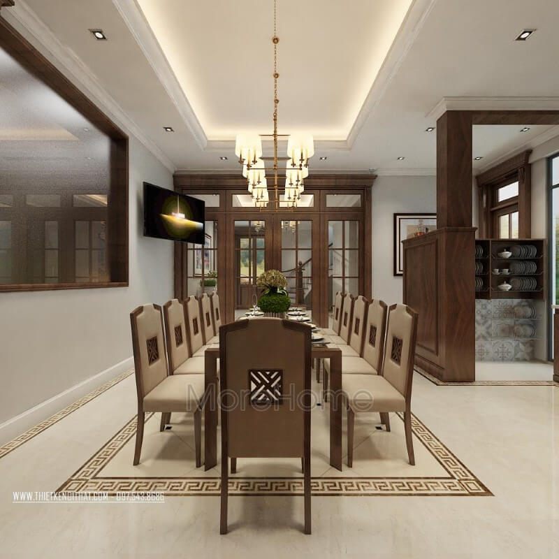 Bàn ghế ăn gỗ óc chó tại phòng ăn biệt thự này được thiết kế tinh tế và bắt mắt, là sự lựa chọn hoàn hảo cho những người yêu thích sự kết hợp của vẻ đẹp hiện đại và truyền thống.