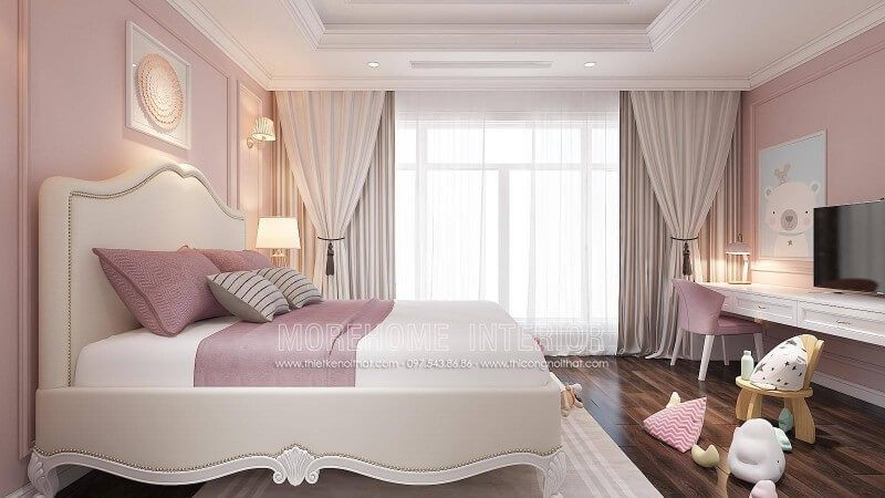 Mẫu giường ngủ bọc da với tông màu trắng hồng hiện đại và thiết kế tân cổ điển sẽ làm cho phòng ngủ của bé gái trở nên thương yêu.