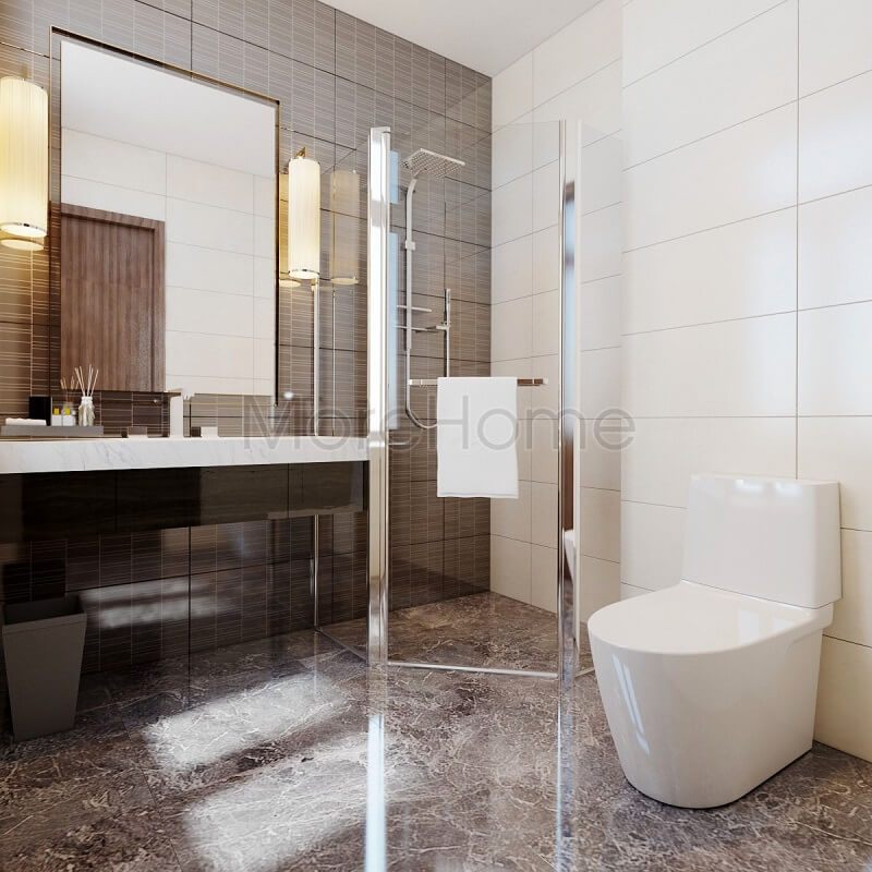 Phòng tắm của khách sạn cao cấp được thiết kế với đồ nội thất và thiết bị vệ sinh cao cấp, cùng với việc kết hợp vách tắm kính giúp tăng thêm đẳng cấp cho phòng tắm.