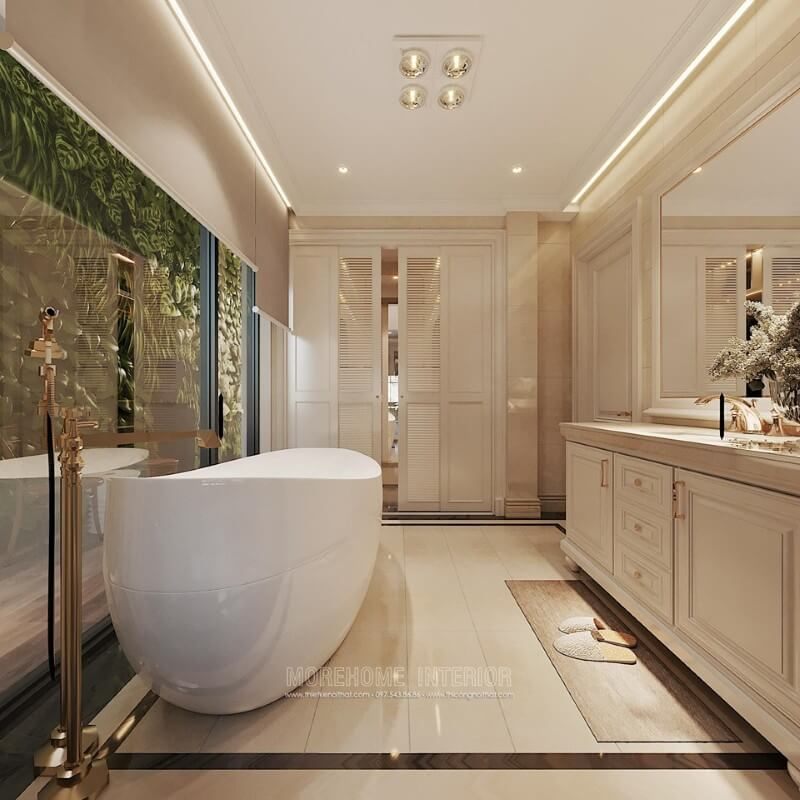 Sử dụng kính cường lực để tạo ra một tường ngăn cách cho nhà tắm của nhà phố, giúp biệt thự cao cấp có thêm không gian rộng rãi và gần gũi hơn với thiên nhiên.