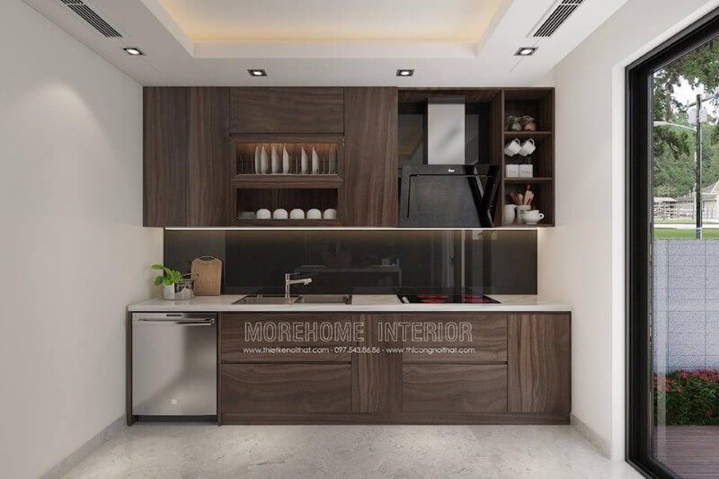 Màu trắng đẹp của đá ốp bếp nhân tạo sẽ làm nên sự bền bỉ cho không gian phòng khách hiện đại.