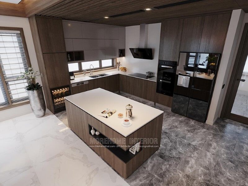 Sàn đá lát hoa văn cao cấp là lựa chọn hoàn hảo để trang trí phòng bếp nhà phố hiện đại.