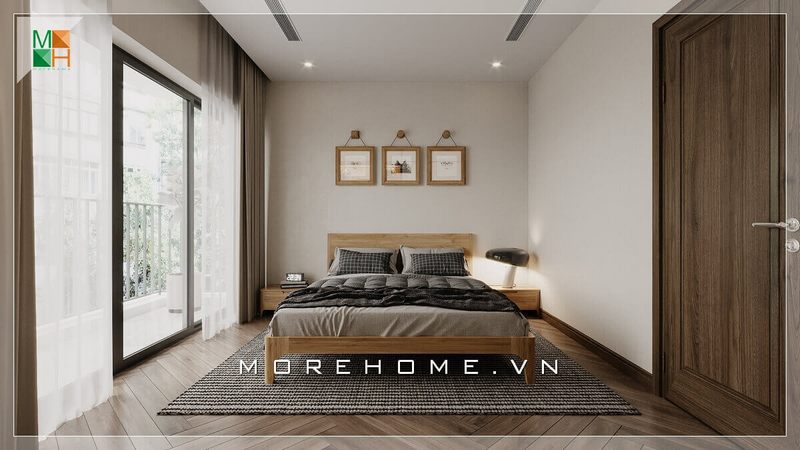 Mẫu thiết kế nội thất phòng ngủ đơn giản bao gồm một giường ngủ gỗ chân cao có kiểu dáng đơn giản, đi kèm với hai tap đầu giường, để phù hợp với không gian phòng ngủ nhỏ như các căn hộ.
