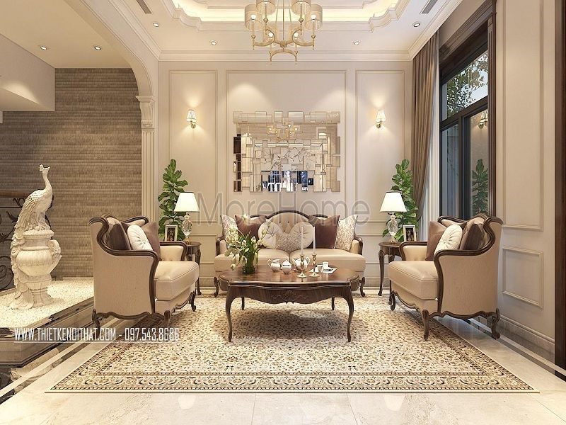 Thiết kế phòng khách với nội thất gỗ tự nhiên theo phong cách tân cổ điển sang trọng quý phái