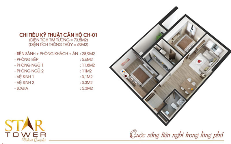 Mẫu thiết kế nội thất căn hộ chung cư Star Tower 69m2 Mẫu thiết kế nội thất căn hộ chung cư Star Tower 69m2