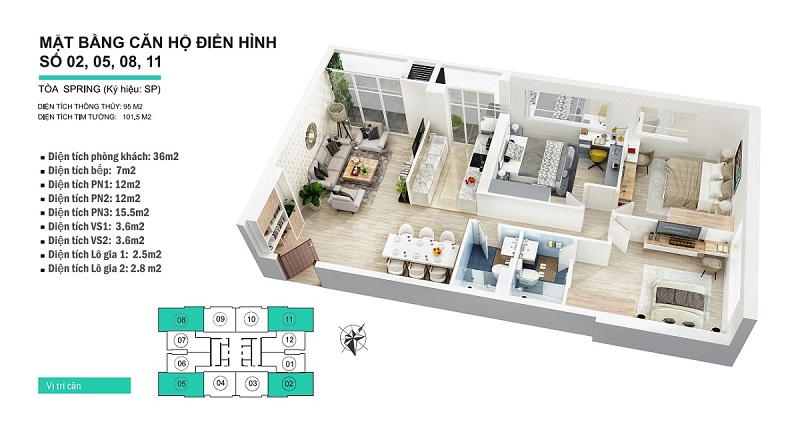 Thiết kế nội thất căn hộ chung cư 101,105m2 tòa Spring Goldseason