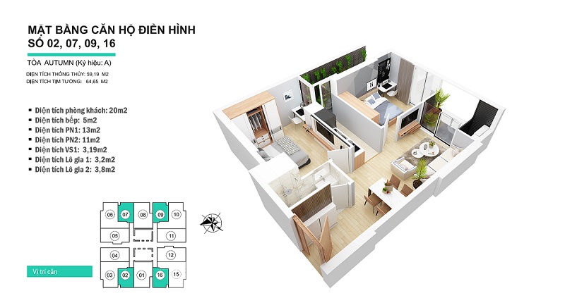 Thiết kế nội thất căn hộ chung cư 64m2 tòa Autumn Goldseason