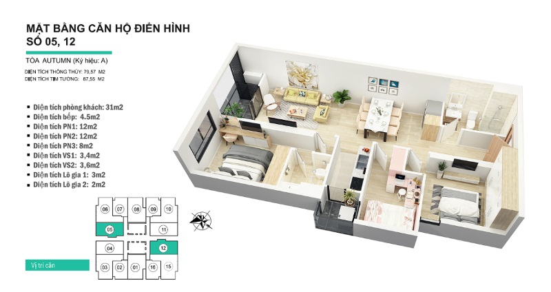 Thiết kế nội thất căn hộ chung cư 84m2 tòa Autumn Goldseason